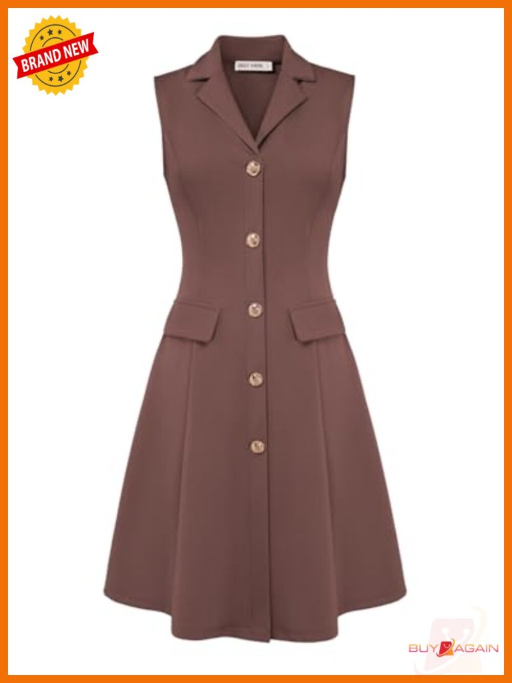 Sleeveless Button Down Work Dress Lapel Collar A-Line Knee Length